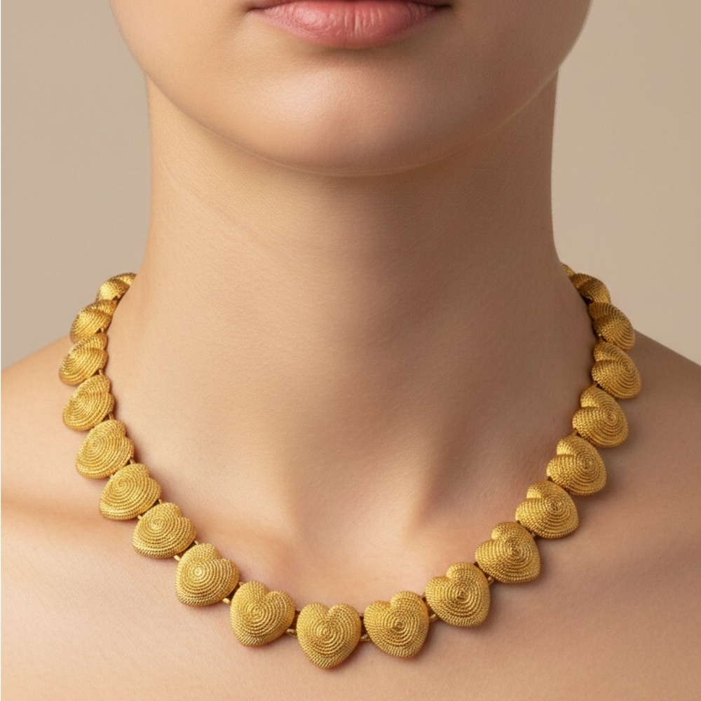 Chunky Statement Gold Heart Link Choker Necklace - French Designer Style - 104g